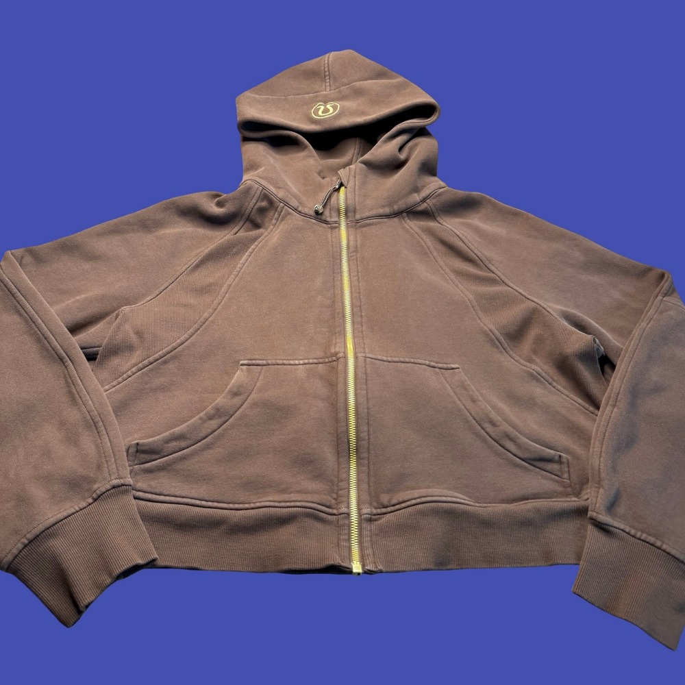 Lululemon Scuba Full Zip Cropped Hoodie M/L Womens Brown Gold Logo Fitted Jacket